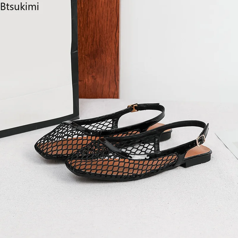 New Summer Breathable Mesh Square Toe Sandals Women's Casual Comfortable Flats Sandals Back Strap Slippers Fashion Mules Shoes