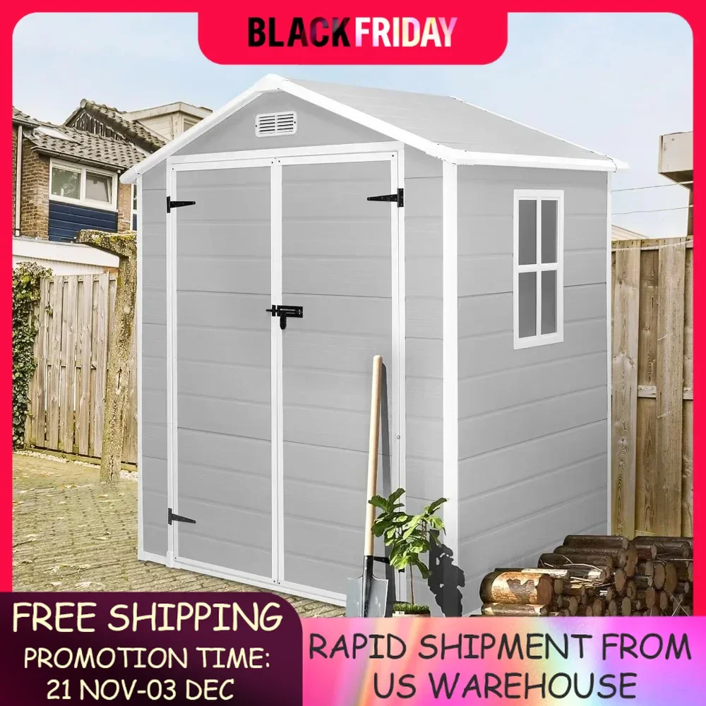 4 x 6 FT Plastic Shed for Outdoor Storage, Resin Shed with Window and Lockable Door for Garden, Backyard, Tool Storage Use