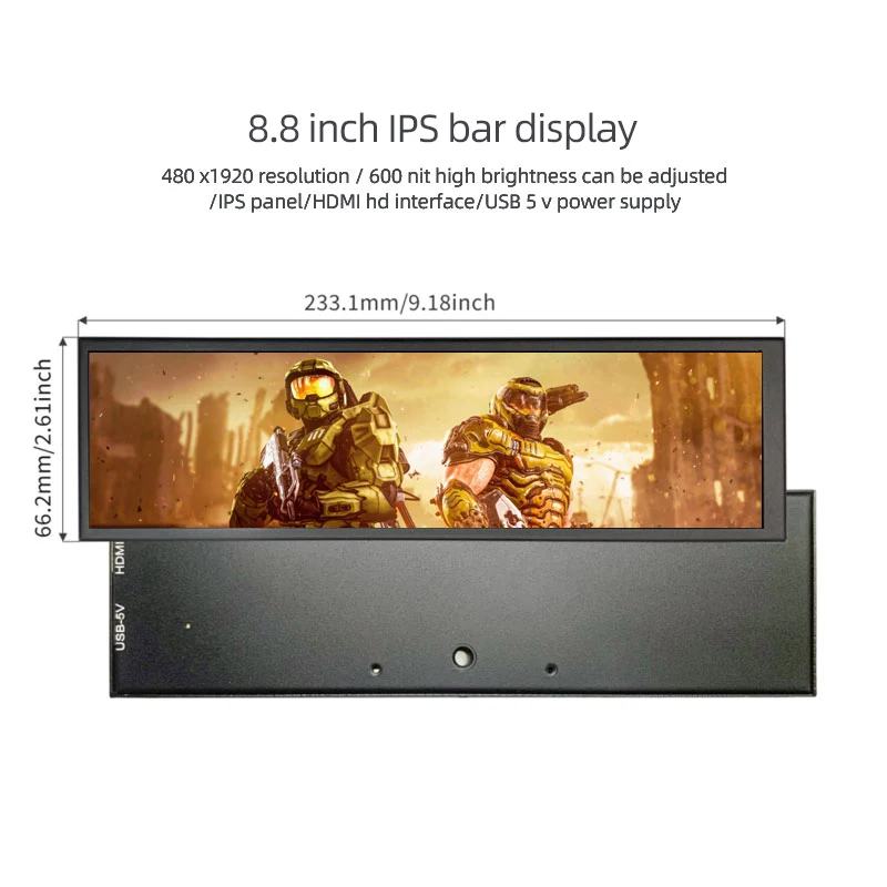8.8 lnch 480x1920 IPS Bar LCD Panel Portable typec Raspberry PI 600 nits With Driver Board ForComputer Case Secondary Screen