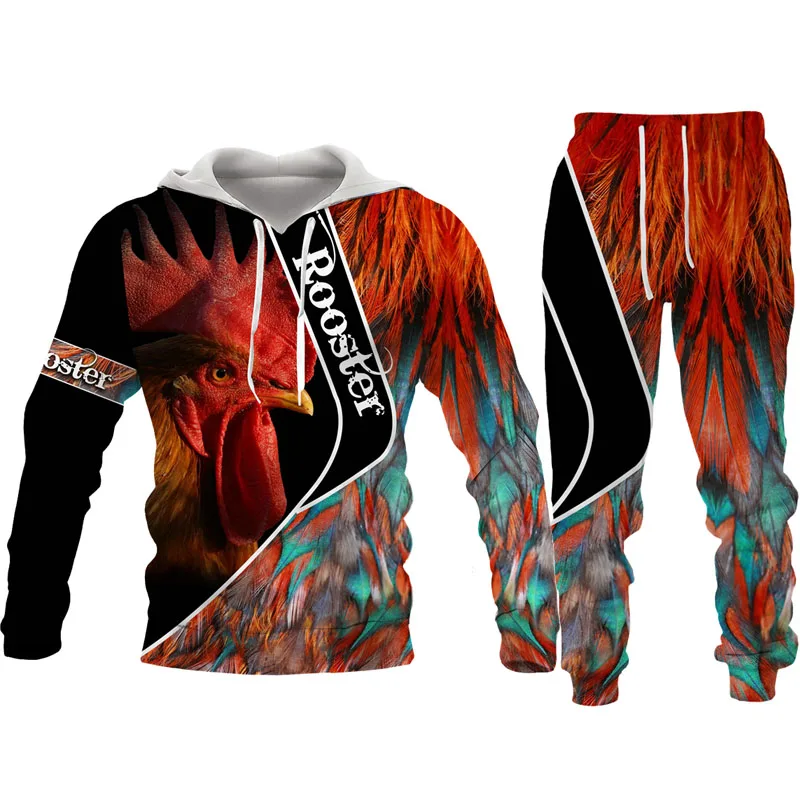 Rooster Hunting Camo Tracksuit Set Harajuku Man Woman Hoodie+Pants Two Piece Set Cock Animal 3D Print Oversized Casual Pullover