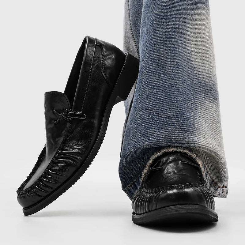 Black Pleated Men Loafers Retro Knot Decoration Breathable Soft Surface High-end Texture Business Leisure Daily  Single Shoes