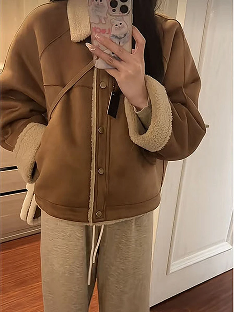 

Autumn Winter Women's Thickened Coat Retro Suede Velvet Loose Jackets Korean Retro Single-breasted Laple Warm Outerwear