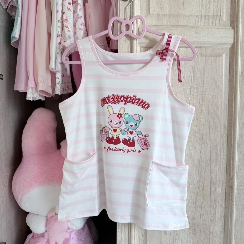 

Harajuku Japanese Fashion Popular Constrast Color Striped Sleeveless Tank Tops Casual Cartoon Print Camis Y2k Pockets Girl Tops