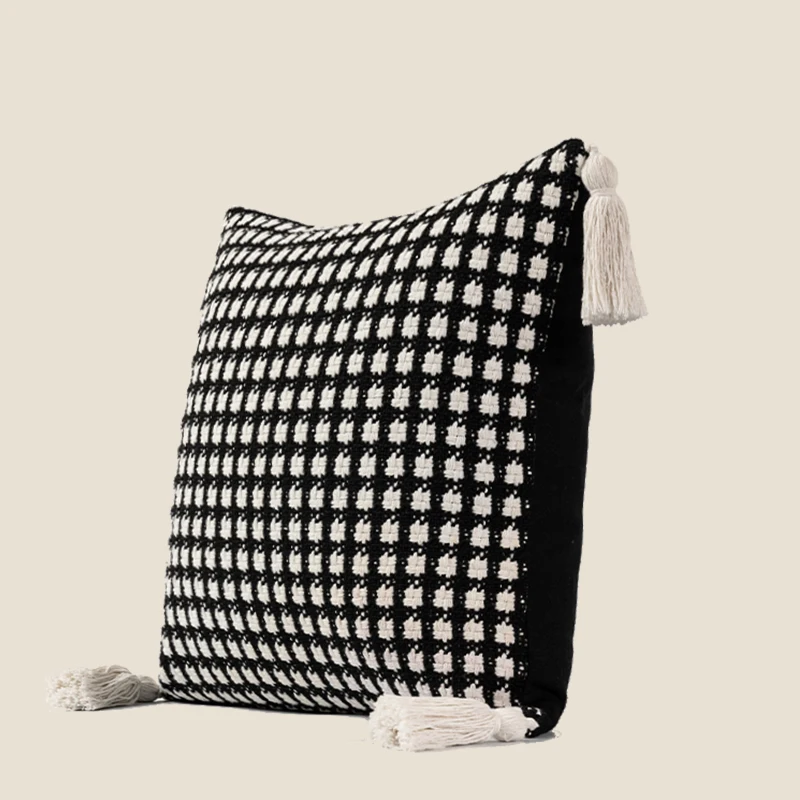Nordic light luxury black and white pillow living room sofa knitting tassel high-grade cushion cover