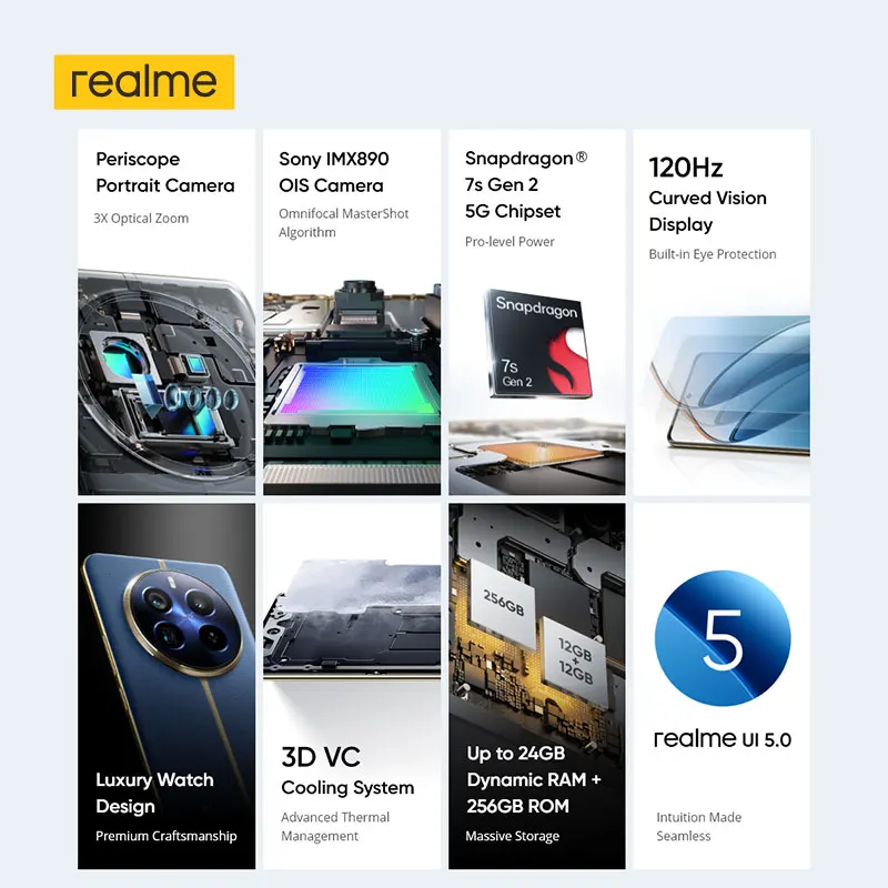 Realme 12 Pro Plus 스마트폰 잠망경 인물 카메라, 50MP 소니 IMX890 OIS 카메라, 스냅드래곤 7s Gen 2 5G 67W 충전 NFC, 64MP