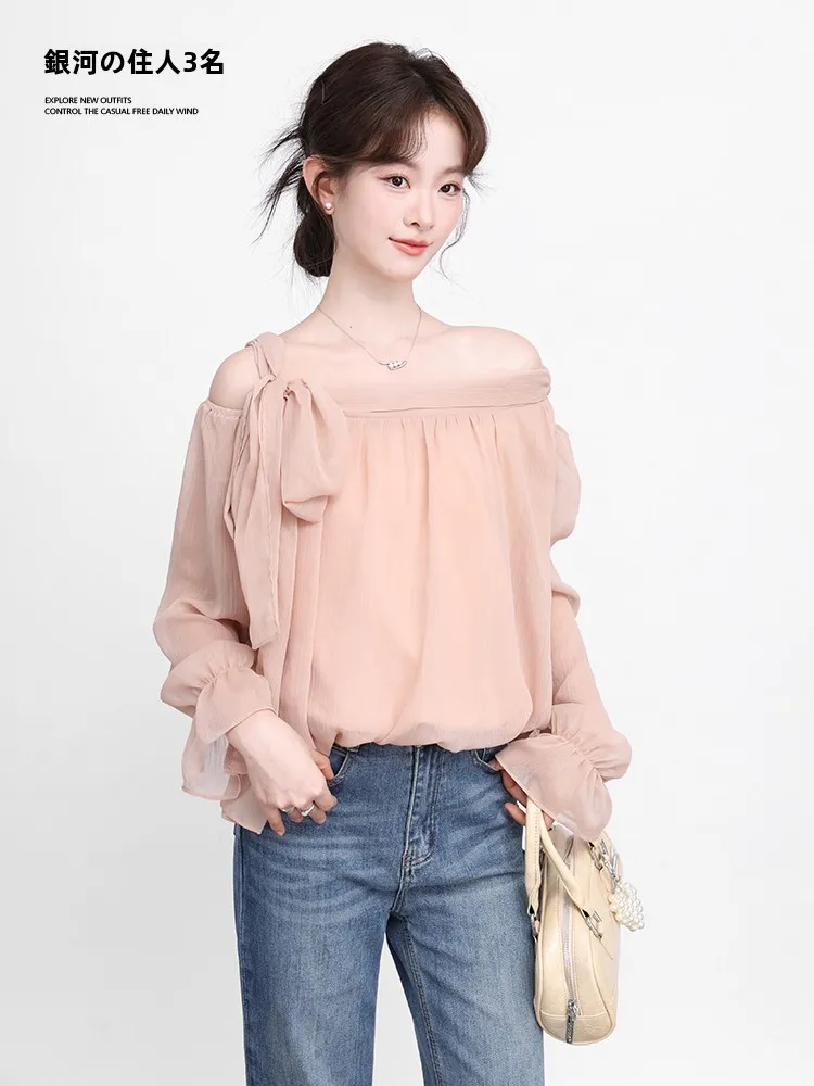 

Ele Pure Desire oulder Banded irt Women's Long Sve Spring 2026 Pink Loose Fit Lace Snowflake Pattern Top