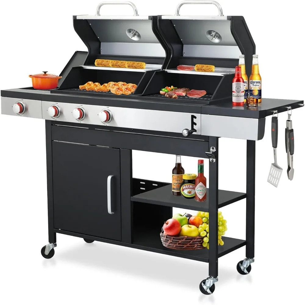 

Propane Gas and Charcoal Grill Combo with Enameled Cast Iron Cooking Grids, BBQ Grill with Side Burner for Outdoor Patio Garden