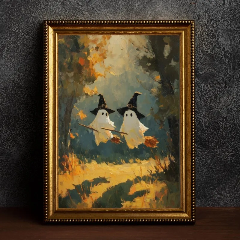 Two Ghost Witches Flying on Broomsticks Wall Art Print Vintage Autumn Forest Spooky Halloween Scene Home Decor Unframed Canvas