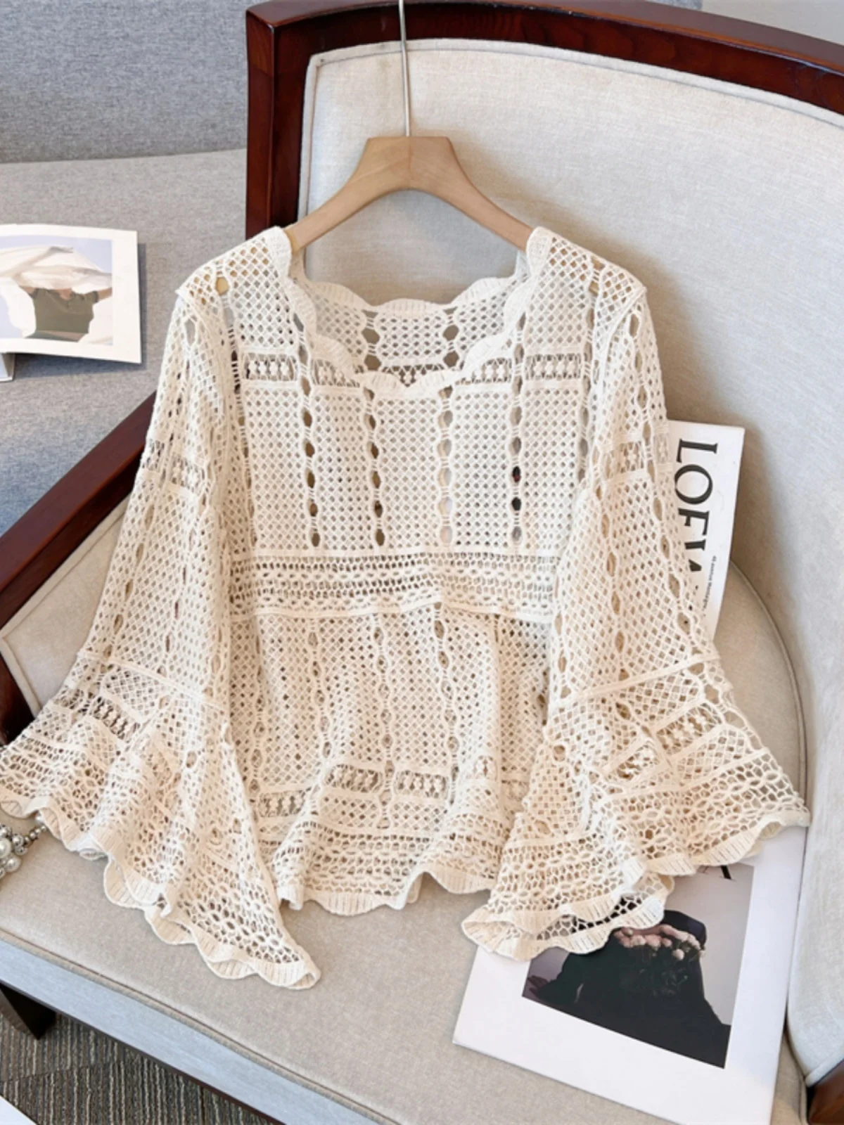 Lace Hollow out Women's Knitted Sun Protection Top Early Autumn 2026 plus Size Short Bell Sleeve Micro Transparent Cover up