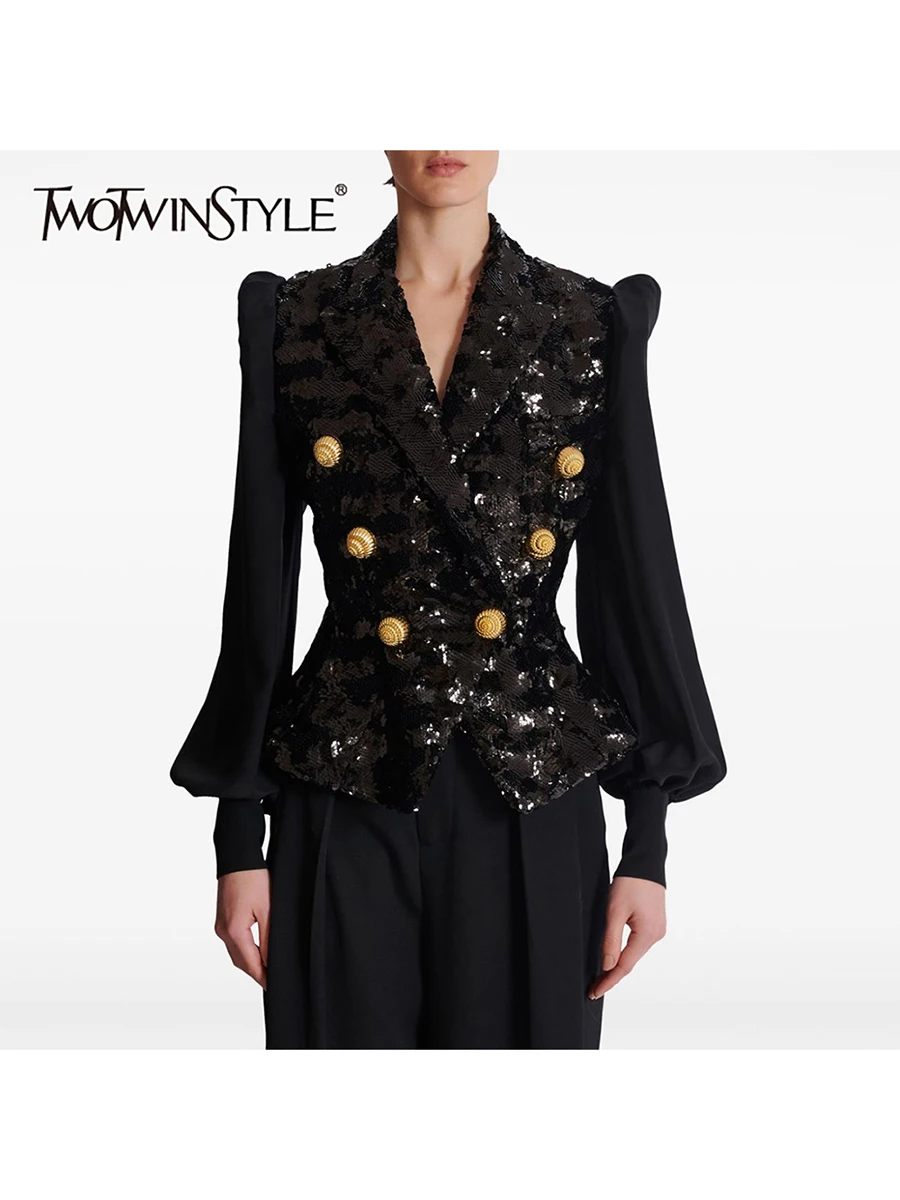 

TWOTWINSTYLE модные утягивающие блейзеры с блестками для женщин, туника с лацканами и длинными рукавами, лоскутный блейзер с металлическими пуговицами, женский