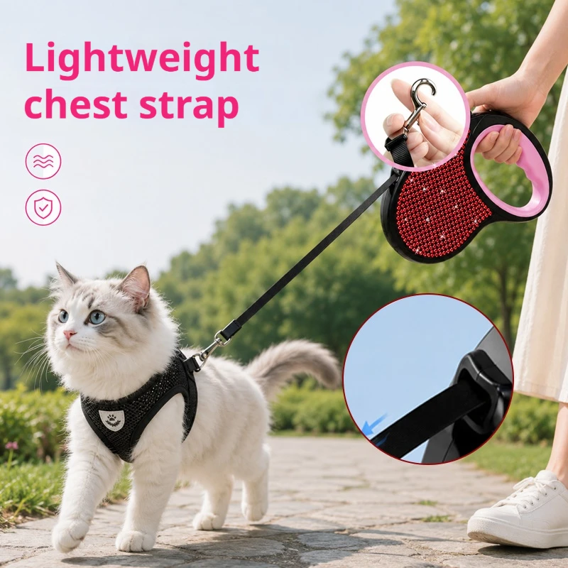 Three-Piece Set of Automatic Retractable Chest Harness and Leash, Wear-Resistant Diamond Fabric Dog Leash, Portable Anti-Escape