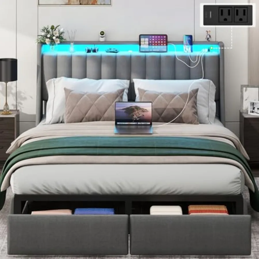 Full Size Platform Bed Frame with 2 Storage Drawers and LED Lighting for Modern Bedroom Upholstered Headboard with Builtin Char