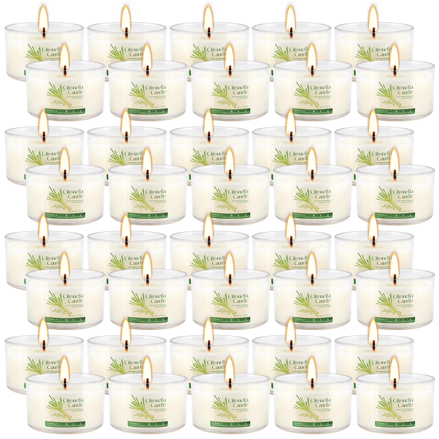 40 pieces of scented candles, designed in transparent plastic cups, each 1.2 ounces in size, emit a fresh lemon grass fragrance, with long-lasting aroma, creating a pleasant atmosphere. Suitable as gifts for Christmas and Halloween, they are an ideal choi