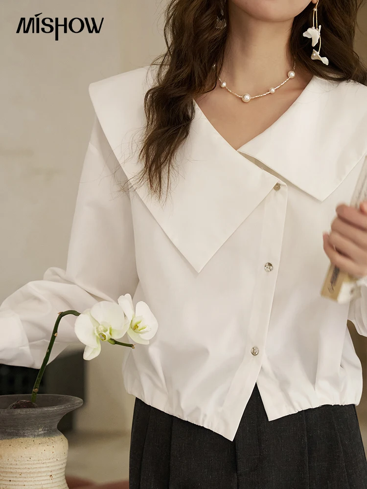 MISHOW White French Irregular Large Lapel Shirt for Women 2024 Spring Single Breasted Diagonal Placket Solid Tops MXD11C0175