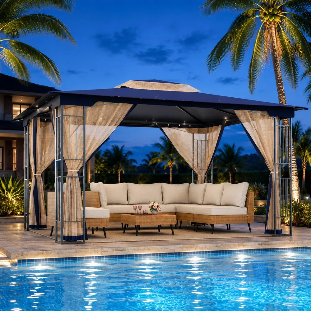13x11FT Steel Frame Gazebo with Ventilated Double Roof & Mesh Netting, Patio Canopy Shelter for Backyard Lawn Deck, Custom