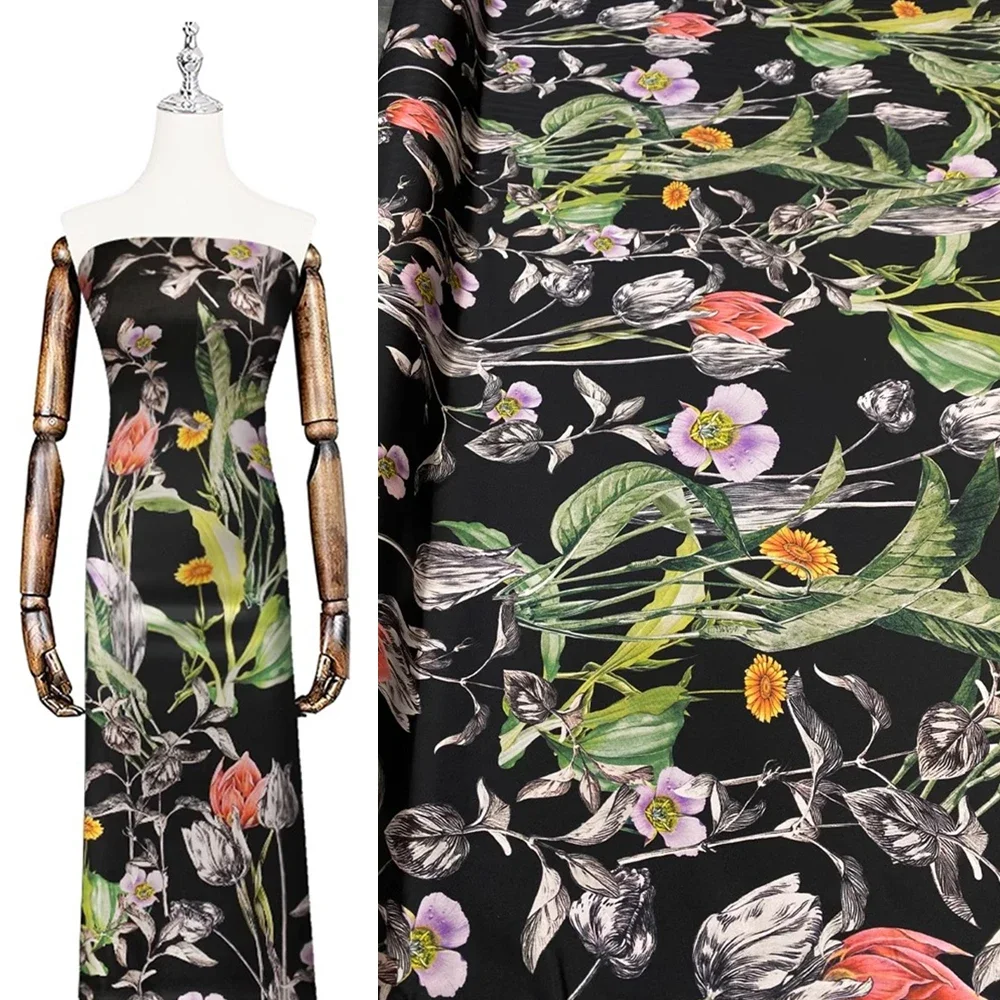 

Fashion New Product Silk King High End Fabric Black Bottom Printed Mulberry Silk A Type Dress Cheongsam Clothing Fabric Sewing