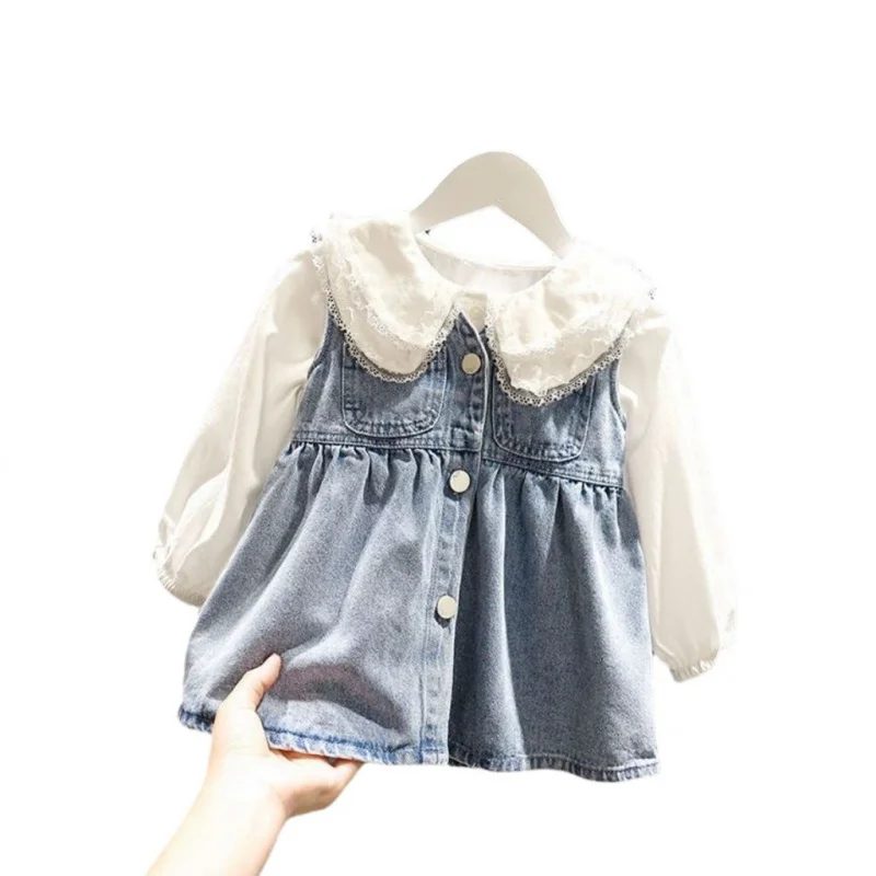 Girls' spring suits2025New Style Baby Girl Spring and Autumn Shirt Denim Dress Girl Fashionable Two-Piece Set Trendy