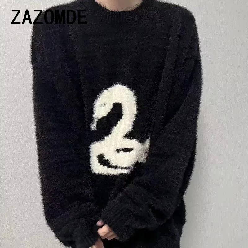 ZAZOMDE Y2k Gothic Print Man And Women Sweater Oversized Harajuku Korean Fashion Knitted Pullovers Snake Autumn Warm Streetwear