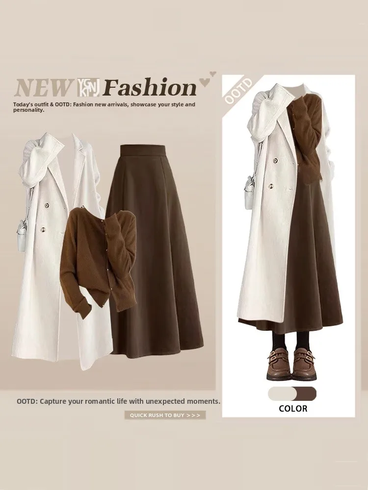 

Модный зимний комплект для женщин: легкий трикотажный костюм из трех предметов (юбка с высокой талией, вязаный свитер, длинное пальто)