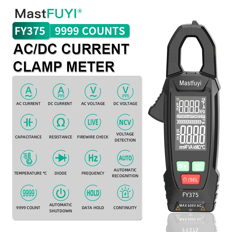 Multímetro Digital de abrazadera MASTFUYI, medidor de corriente HZ de temperatura CA/CC, detección de corriente CC, herramientas especiales para