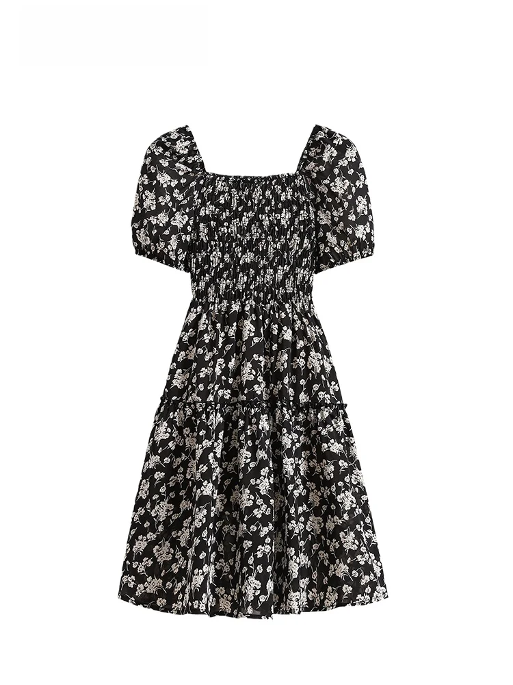

Summer Floral Print Maxi Dress Women's Elegant Hepburn Style Slimming Waistline Bubble Sleeve Midi Dress Sweet Style Polyeste...