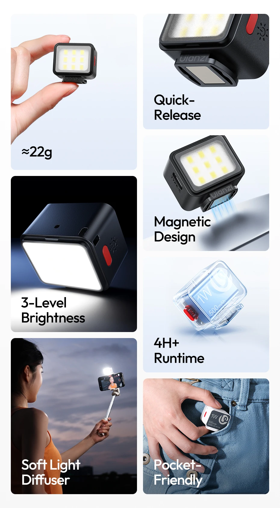 Ulanzi DG01 Cube Light Mini-Fotografie-Licht für Action-Kameras, Stative, Selfie, Live-Streaming, Vlog, Produktaufnahmen, Videoanruf – Detail 2