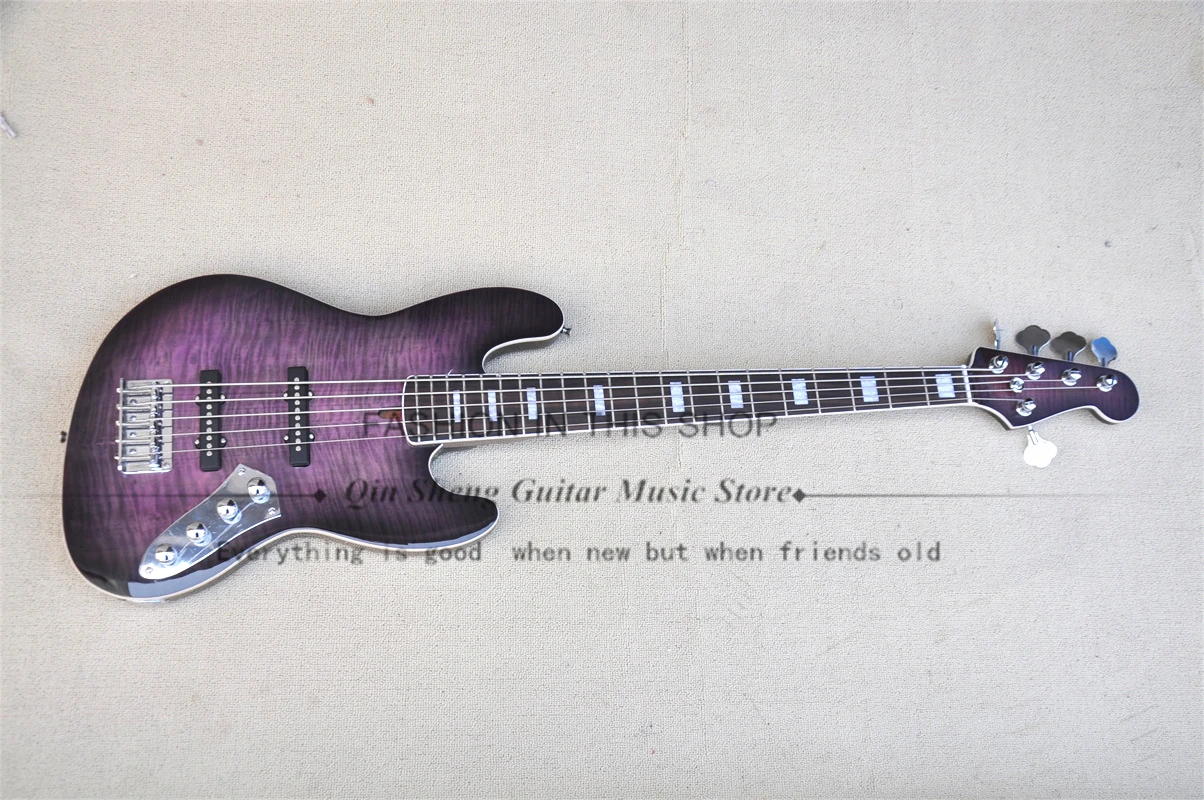 5 Strings Black Bass Guitar Purple Bass Alder Wood Body Flamed Maple Top Cream Binding Active Battery Fixed Bridge Maple Neck