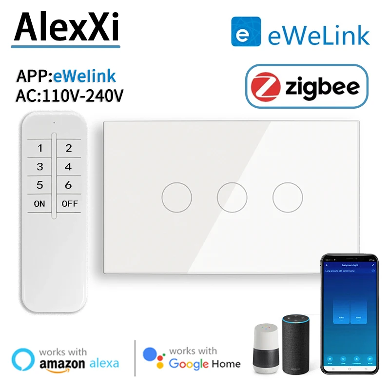 

Zigbee US EWeLink Умный настенный выключатель 1/2/3/4 Gang без нейтрального провода Сенсорный датчик Светодиодные выключатели Умный дом Alexa Google Home