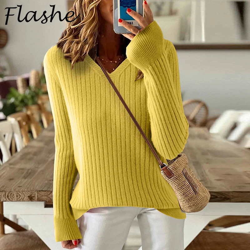 

Autumn V Neck Long Sleeve Sweater Women Basic Tops Striped Knitted Sweaters For Women Fashion Slim Shirt Lady Jumper
