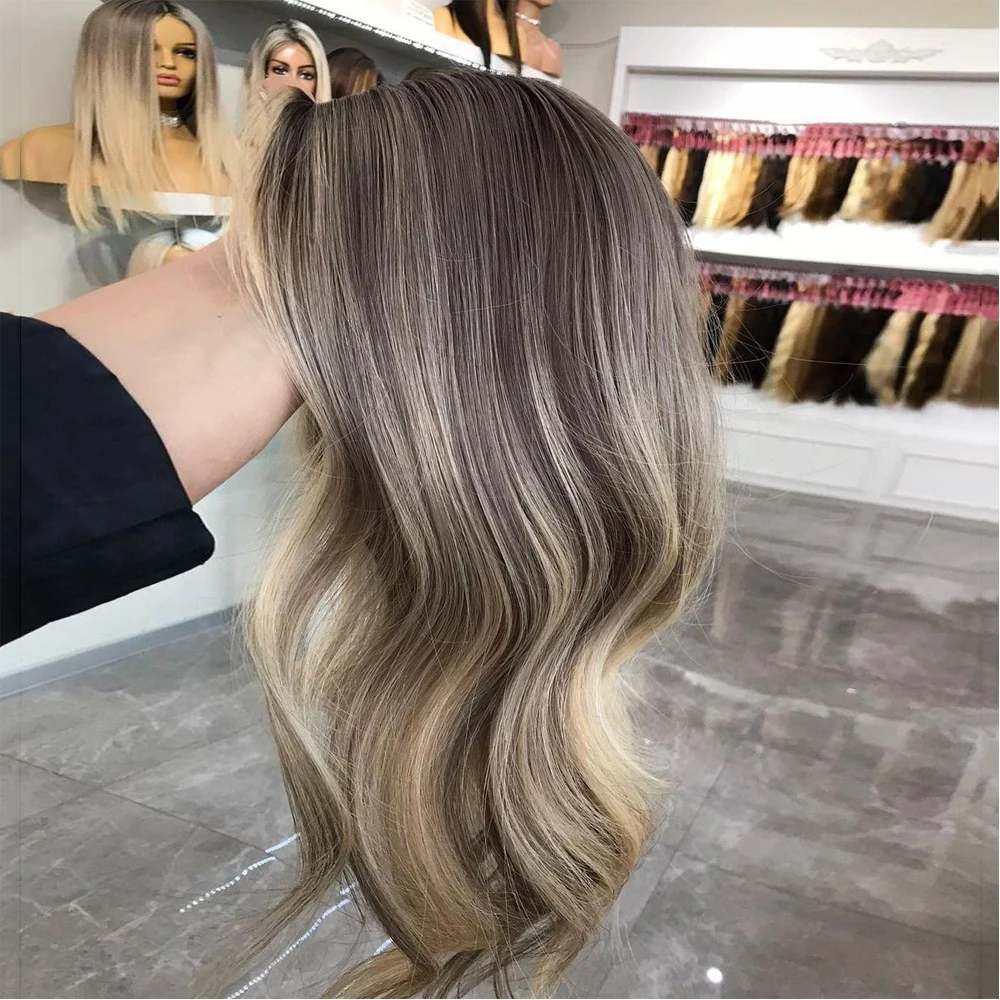 Highlighted Human Hair Lace Frontal Wig Ash Brown Blonde Virgin Human Hair Wig Short Medium Natural Wave Lace Front Wig HD 180%