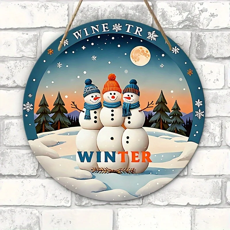 2D Flat, 2D Flat Winter-Themed Round Faux Wood Wall Decor - Pre-Drilled Holes with Hanging Rope, Printed Snowman and Snowflake D
