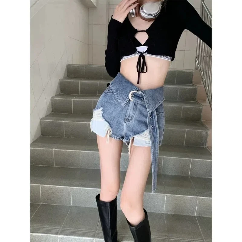 

Hot Girl Ripped Jeans Women's High Waist Wide-leg Slimming A-line Hot Pants