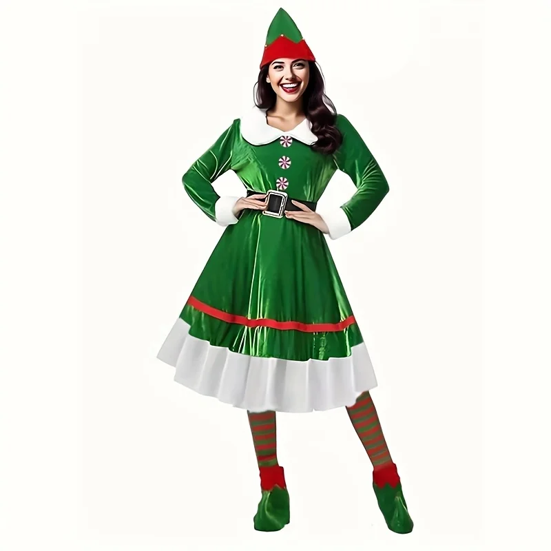 5 قطع عيد الميلاد قزم زي مجموعة للنساء صوف مبطن مقنعين فستان الأميرة الشتاء قزم دور اللعب الخيال الزي حفلة الهالوين
