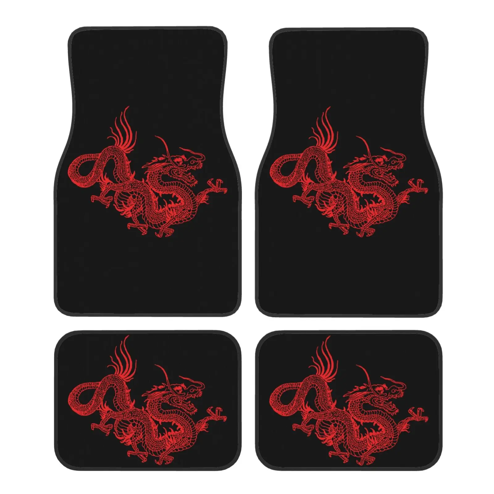 Red Chinese Dragon Pattern Printed Car Floor Mat Set of 4 Pieces Water-resistant Car Floor Mats Accessory Suitable for All Cars
