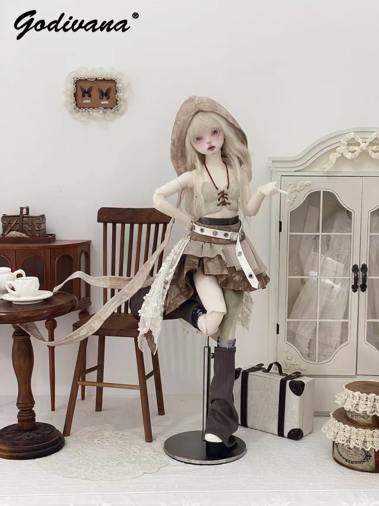 1/4 Wasteland BJD Doll Clothes Dirty Dye Sleeveless Tube Top Irregular Layered Skirt Belt Sleeve Cuffs for 1/4 BJD Doll Clothes