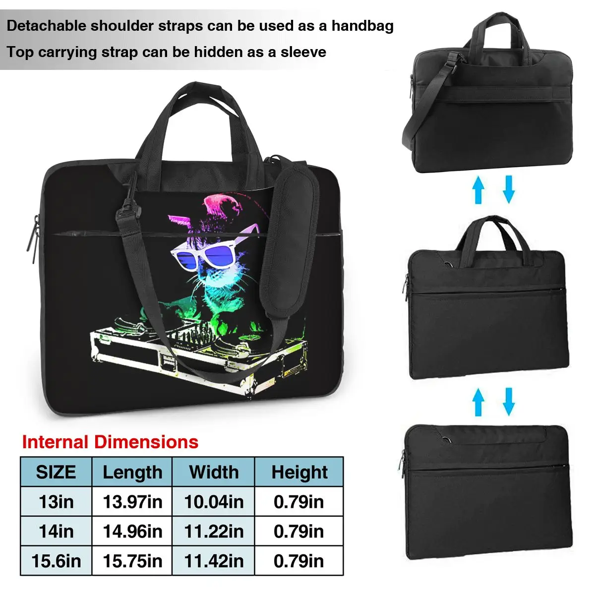 House Cat Rainbow Dj Kitty Laptop Bag Shockproof Case Computer Bag 13 14 15.6 Inch Crossbody Notebook Pouch For Macbook Pro Air