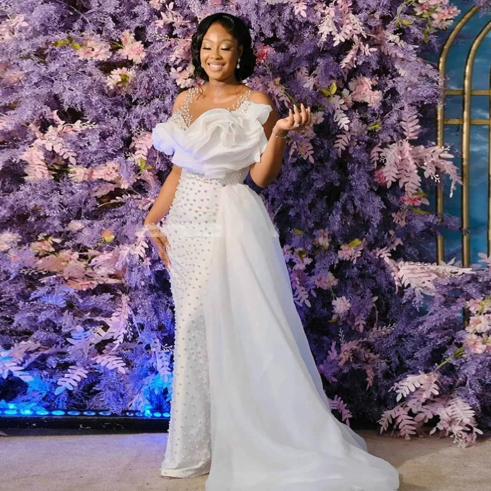 Pearls Beads Wedding Dress for Women Ruffles Neckline Mermaid Bridal Gown with Detachable Train African Womens Robe De Mariée