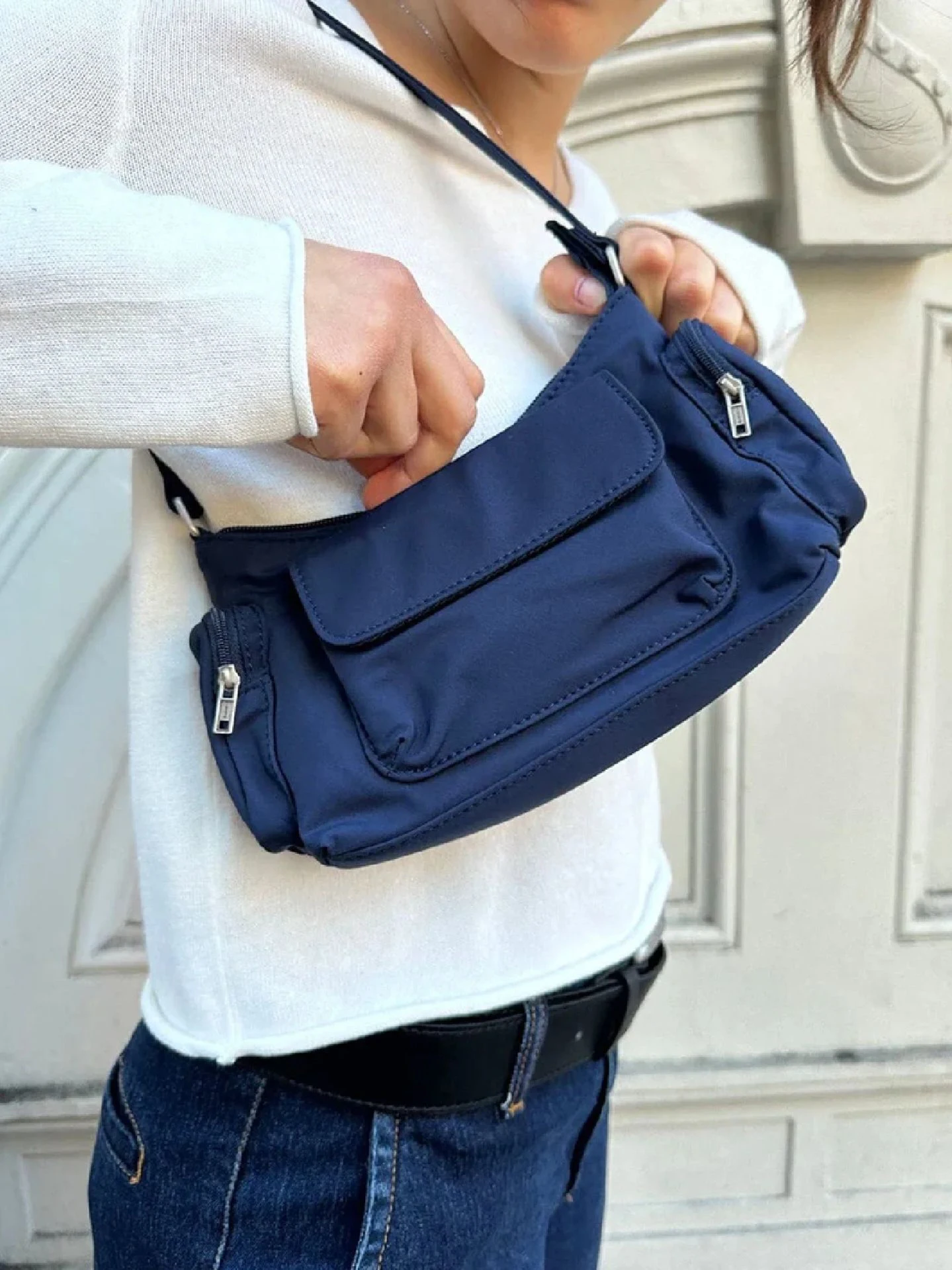 

Zipper Pockets Shoulder Bag Four Season High Quality Ladies Bags American Vintage Navy Preppy Style Fashion Chic Handbags New