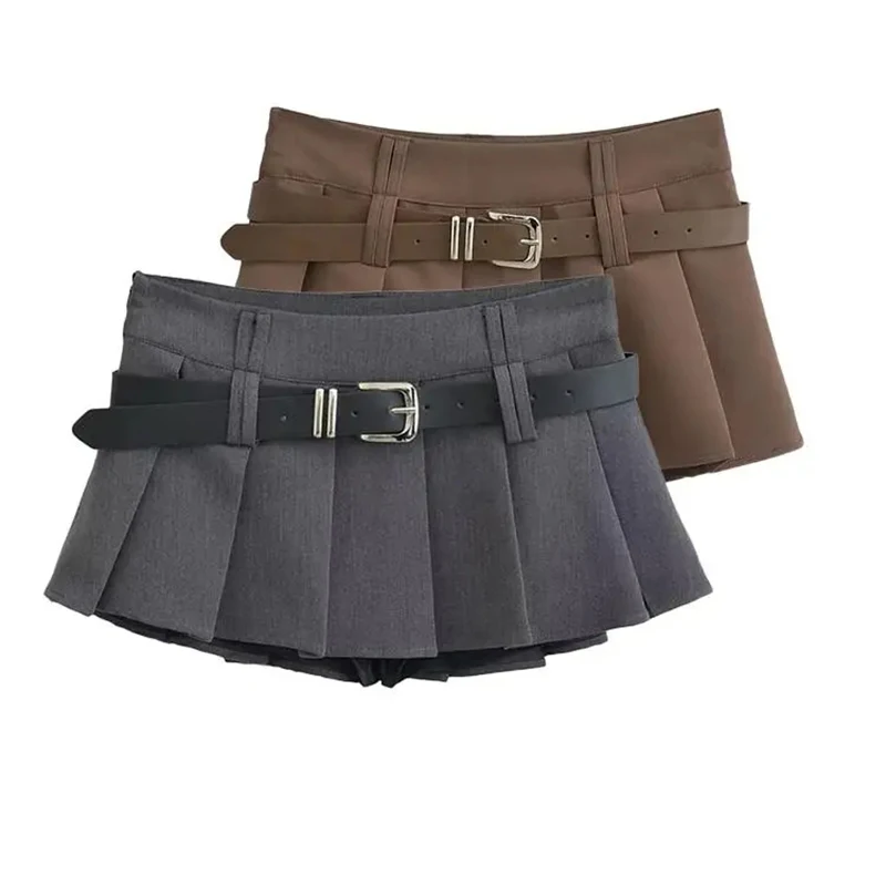 

Women Box Pleated Short Skirts With Belt Zipper Side A-Line Low Rise Extreme Mini Skirt Miniskirt Summer Y2K Teen-girl Outfit