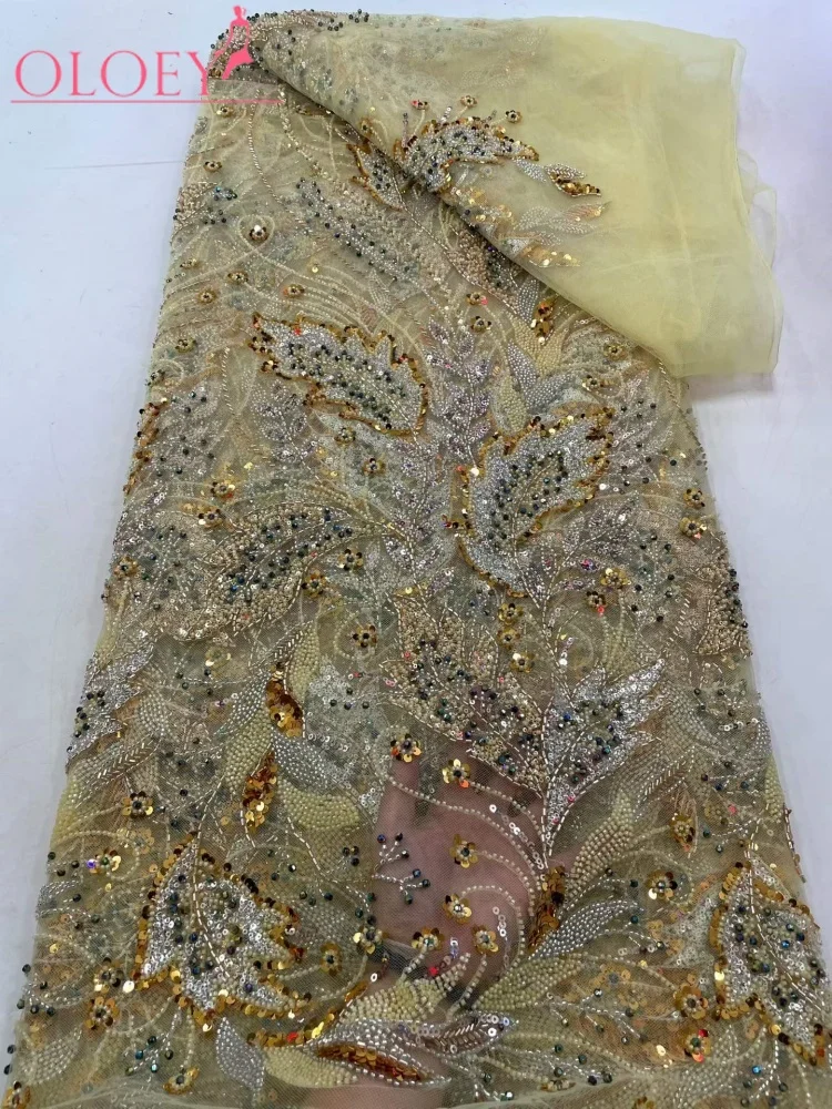 OLOEY  African Beaded Lace Fabric  High-Quality Nigerian Tulle Mesh Sequined Lace Fabric Suitable for Sewing Women's Garment