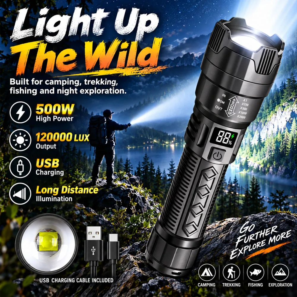 Smart Digital Display Laser Flashlight  Hand Torch High Power Rechargeable LED Lamp Ultra Far Beam for Night Patrol Fishing