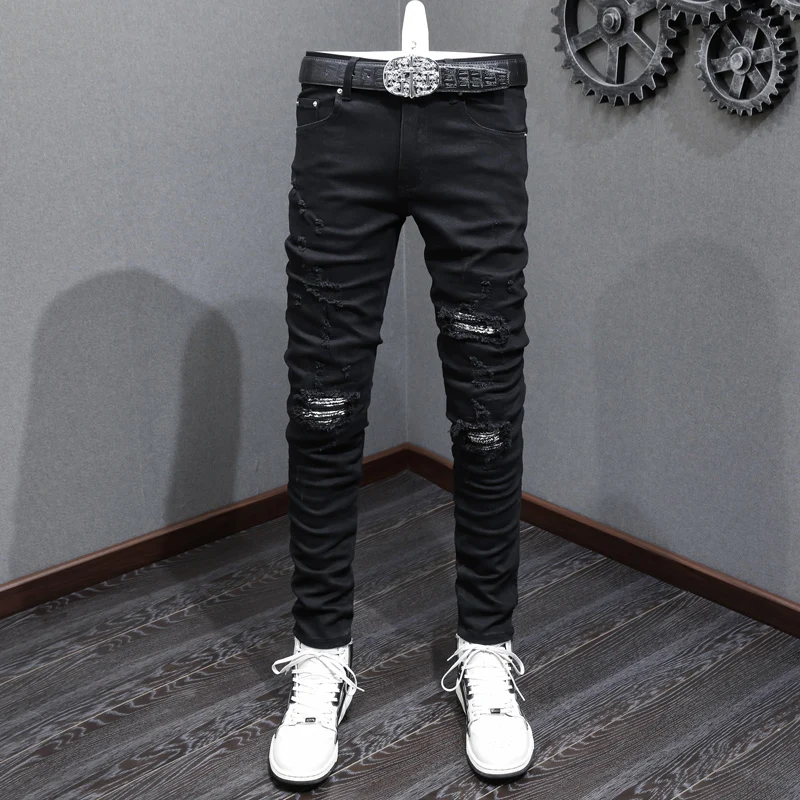 

Designer Fashion New Men's Jeans Washed Nostalgic Stretch Slimming Retro Black Hole Color Flower Patch Denim High Street Trendy