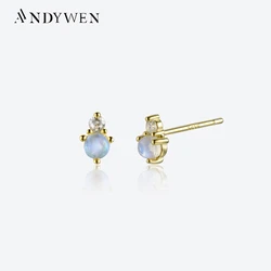 ANDYWEN 925 Sterling Silver Gold MoonStone Gems Stud Earring Crystal Luxury Piercing Pendientes Clips Women Wedding Fine Jewels