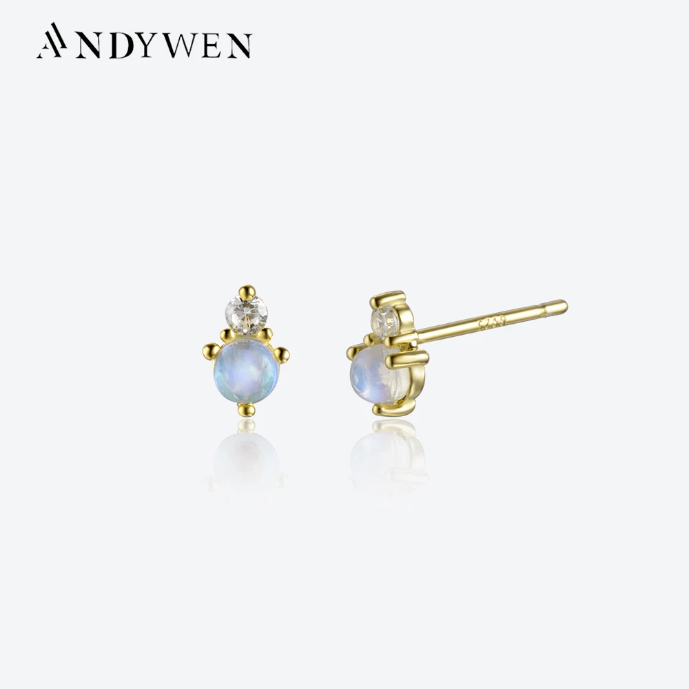 ANDYWEN 925 Sterling Silver Gold MoonStone Gems Stud Earring Crystal Luxury Piercing Pendientes Clips Women Wedding Fine Jewels