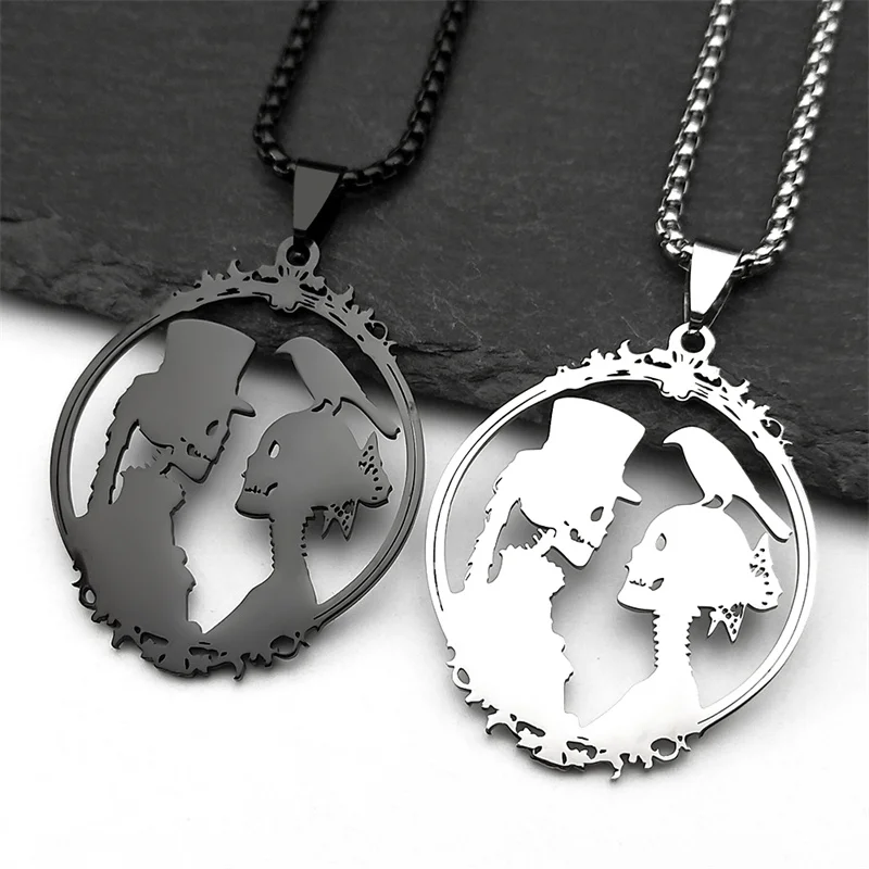 Gothic Braut und Bräutigam Edelstahl Totenkopf Krähe Anhänger Halskette für Frauen Männer Schwarz Fotorahmen Paar Schmuck Party Geschenk – Detail 4