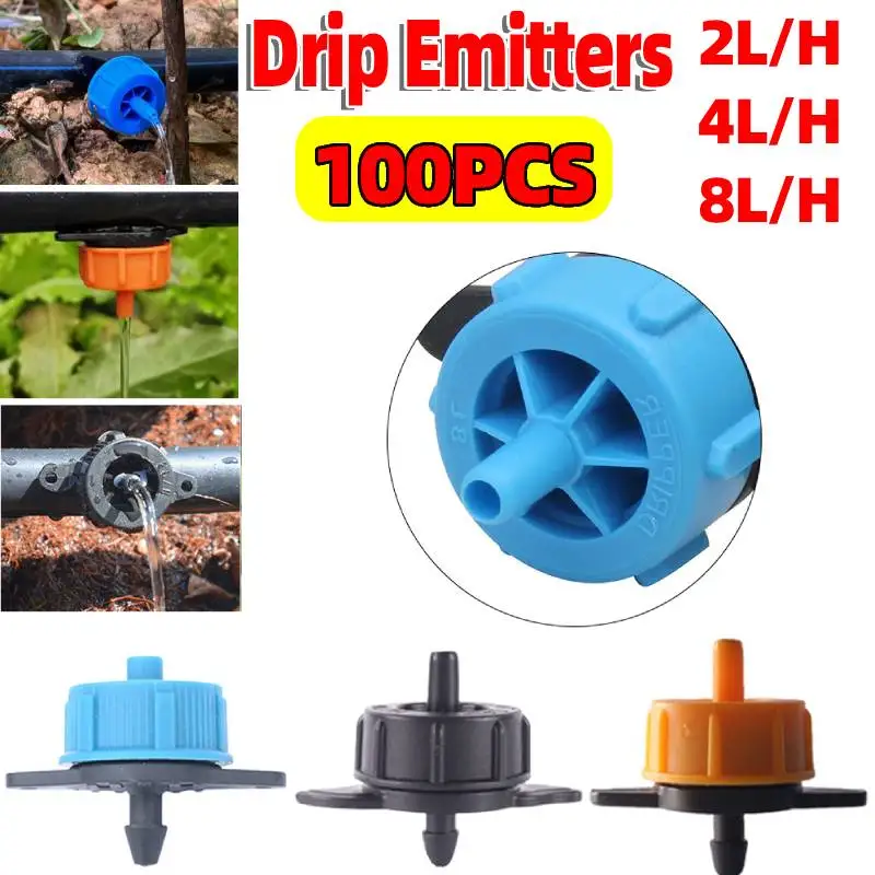 100pcs Pressure Compensating Drip Emitters Micro Connectors 2L/4L/8L Adjustable Premium Drippers for Garden Lawn Drip Irrigation