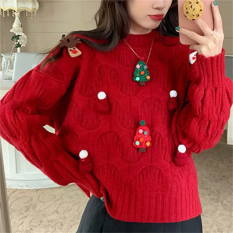 Pull rouge du Nouvel An pour femme, pull de Noël court et épais, haut décoratif 3D, vêtements d'automne et d'hiver