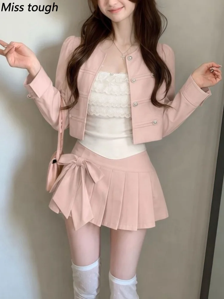 Fall Lolita Sweet French Women 3 Pieces Set Pink Coat + Lace Tank Tops + Pleated Skirt Korean Fashion Vintage Y2k Party Outfits