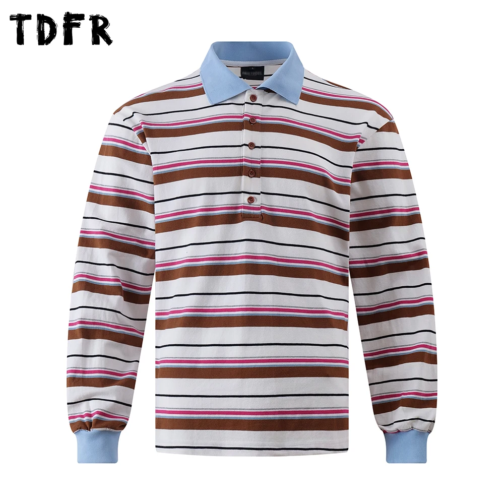 

Contrast Striped Polo Shirts Mens Autumn Retro Casual Spliced Loose Long Sleeve Cotton Tee Man