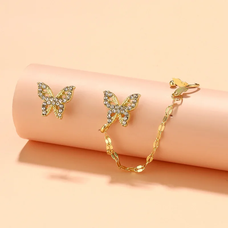 Zircon butterfly asymmetrical ear bone clip earrings one-piece female net celebrity super fairy fringe stud earrings